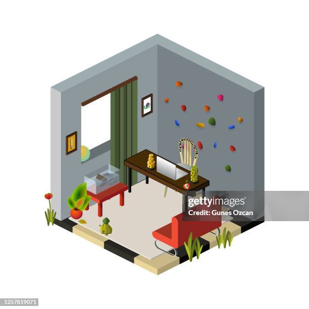 isometric room with climbing wall - climbing wall stock illustrations