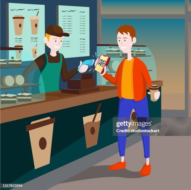ilustraciones, imágenes clip art, dibujos animados e iconos de stock de cliente haciendo el pago a través del teléfono móvil en el mostrador en la cafetería - encargar