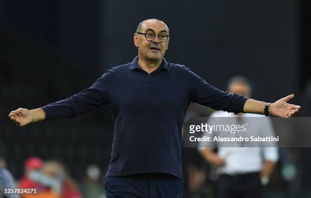 Maurizio Sarri head coach of Juventus reacts during the Serie A match between Udinese Calcio and Juventus at Stadio Friuli on July 23, 2020 in Udine,...