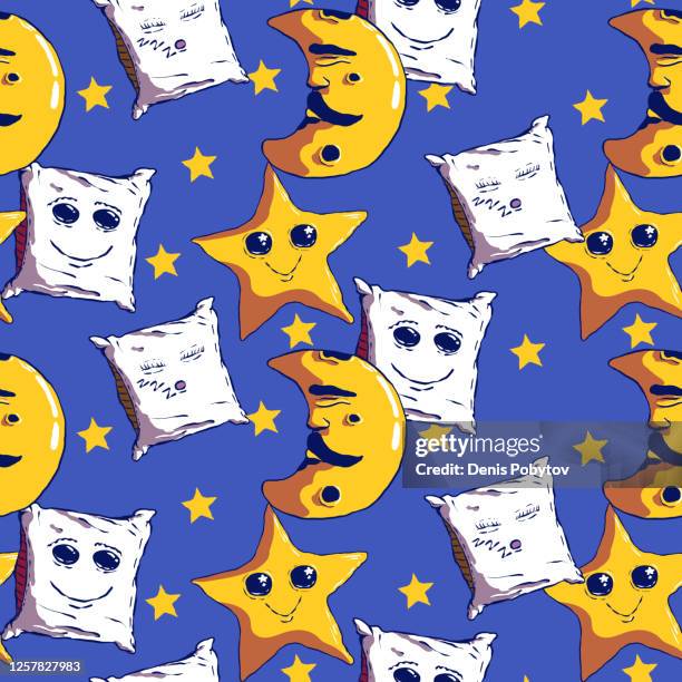 hand-drawn cute cartoon seamless illustration - pillows, moon and stars. - child asleep in bedroom at night stock illustrations