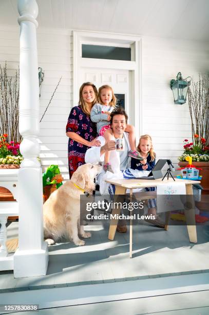 Late night host Jimmy Fallon is photographed with family, wife Nancy Juvonen, daughters Winnie and Frances and dog Gary, for People Magazine on April...