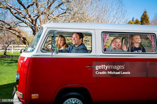 Late night host Jimmy Fallon is photographed with family, wife Nancy Juvonen and daughters Winnie and Frances, for People Magazine on April 25, 2020...