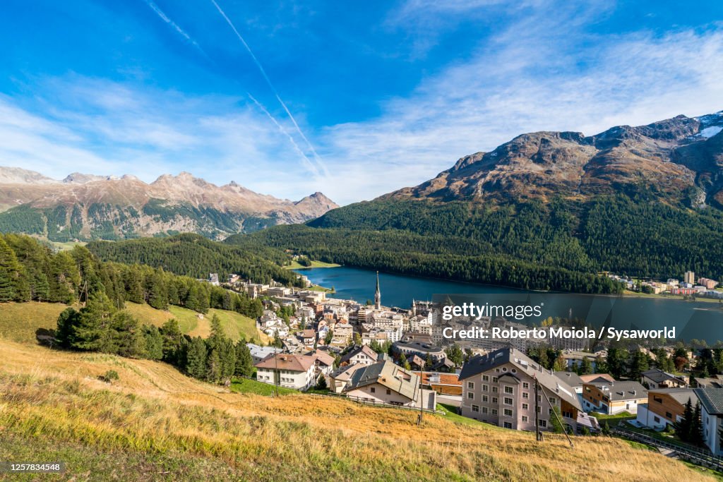 St. Moritz village and lake in summer, Switzerland