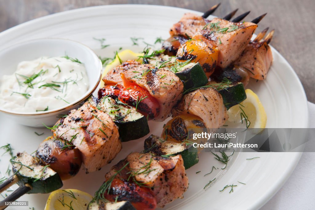 BBQ Salmon Skewers with Zucchini, Tomatoes and Tzatziki Dip