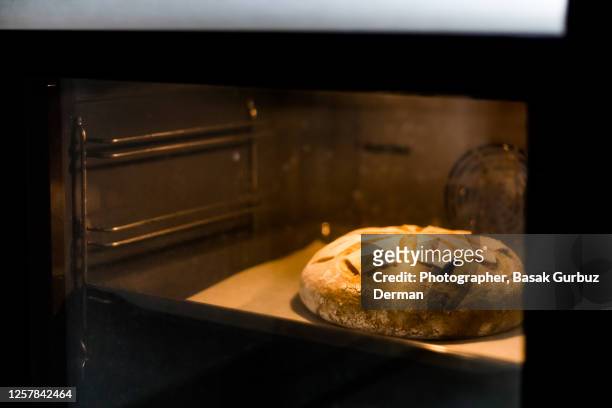 baking sourdough whole wheat bread in the oven - pain boule photos et images de collection