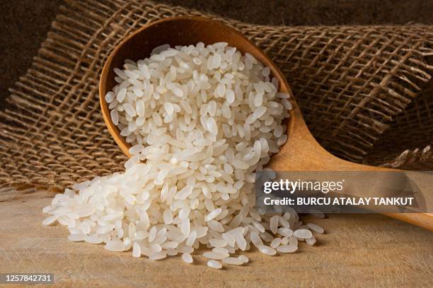 white rice in wooden spoon - white rice stock pictures, royalty-free photos & images