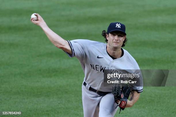 Gerrit Cole of the New York Yankees throws a pitch against the Washington Nationals during the first inning in the game at Nationals Park on July 23,...