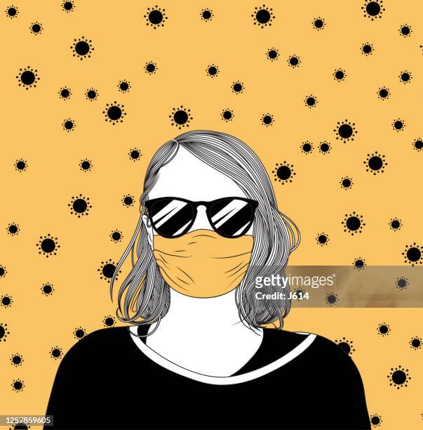 ilustrações, clipart, desenhos animados e ícones de garota com máscara facial e óculos escuros, cercada por coronavírus - pessoas bonitas