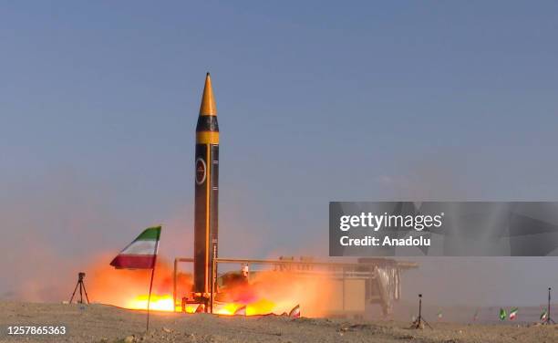 Iran's medium-range ballistic missile called Hayber is seen during the test launch as part of the promotional program organized with the...