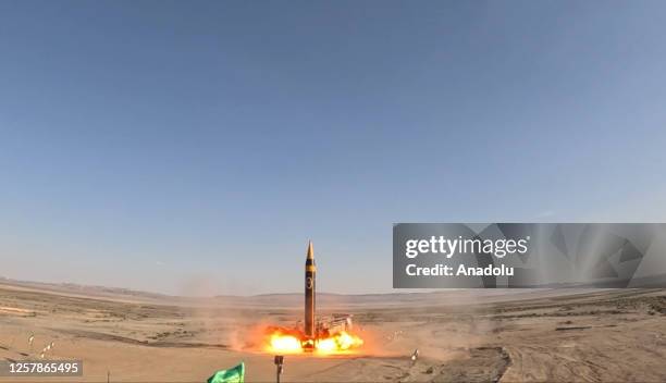 Iran's medium-range ballistic missile called Hayber is seen during the test launch as part of the promotional program organized with the...