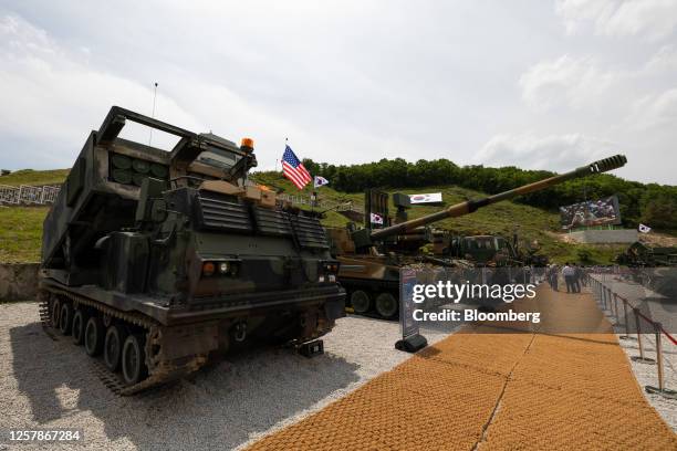 Army M270 multiple launch rocket system, left, displayed during a joint live-fire exercise with US army at the Seungjin Fire Training Center in...