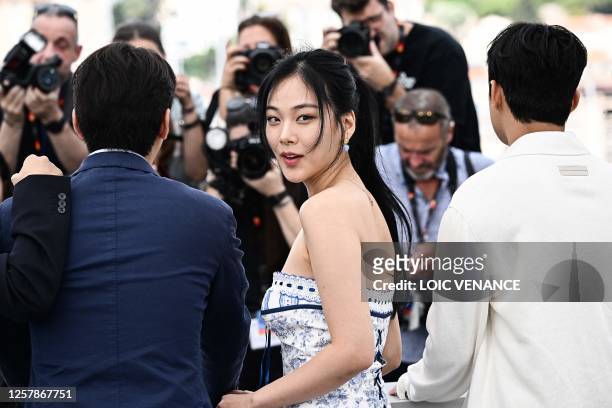 South Korean singer and actress Kim Hyung-Seo aka Bibi poses with cast members during a photocall for the film "Hwa-Ran" at the 76th edition of the...