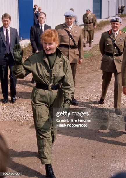 Sarah The Duchess of York wearing camouflage on a visit to the Army Air Corps Museum at Middle Wallop in Wiltshire on 27th April 1989.