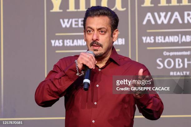 Bollywood actor Salman Khan speaks during a press conference ahead of the 23rd edition of the International Indian Film Academy Awards in Abu Dhabi...