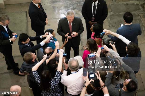 Speaker of the House Kevin McCarthy, Republican of California, speaks to the media about debt ceiling negotiations as he arrives at the US Capitol in...