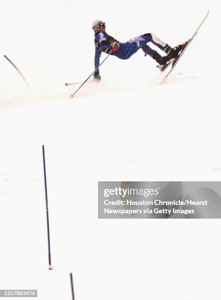 Jake Zamansky takes a nasty spill on the Wildflower course during the Men's Slalom competition at the USA Ski Team Gold Cup at Snowbasin, UT, Sunday,...