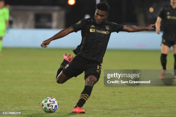 Jose Cifuentes of Los Angeles FC shoots the ball during a match between Los Angeles FC and Portland Timbers as part of Group F of MLS Is Back...