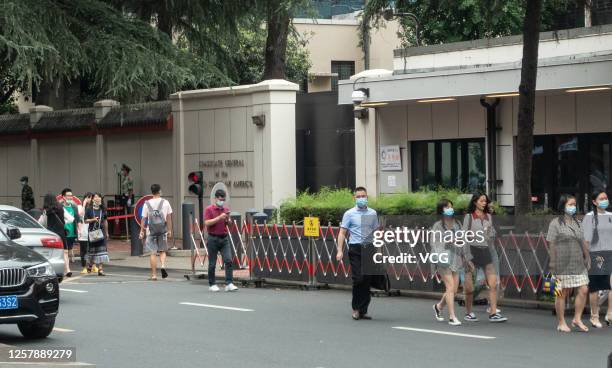 People walk by the US Consulate-General in Chengdu on July 23, 2020 in Chengdu, Sichuan Province of China.
