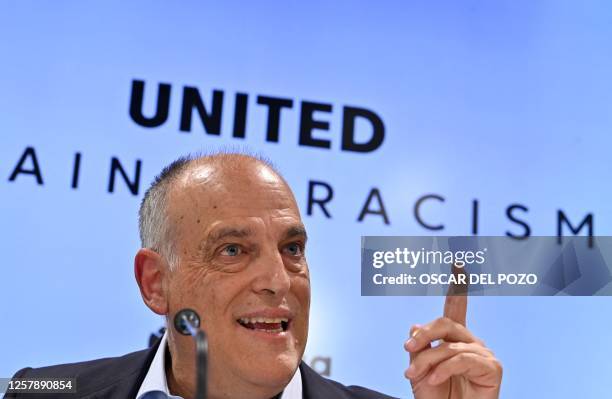 The president of the Spanish football league 'La Liga' Javier Tebas gestures as he gives a press conference in Madrid on May 25, 2023 amid an...