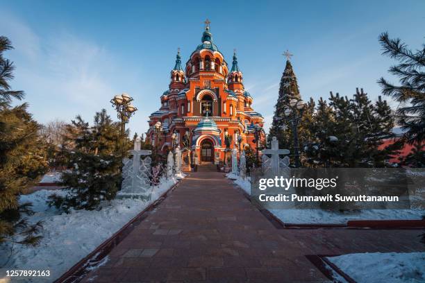 kazan orthodox church icon of the mother of god in  city center of irkutsk in winter season, siberia, russia - irkutsk stockfoto's en -beelden