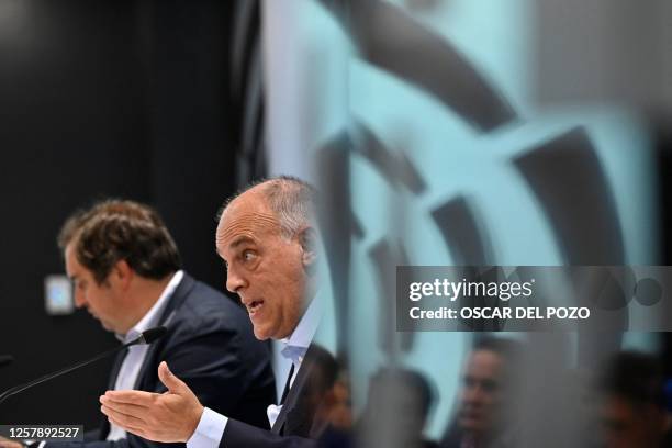 The president of the Spanish football league 'La Liga' Javier Tebas gestures as he gives a press conference in Madrid on May 25, 2023 amid an...