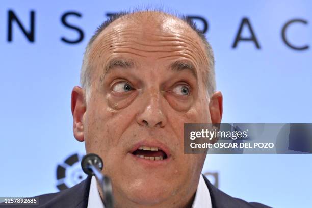 The president of the Spanish football league 'La Liga' Javier Tebas gives a press conference in Madrid on May 25, 2023 amid an international outcry...