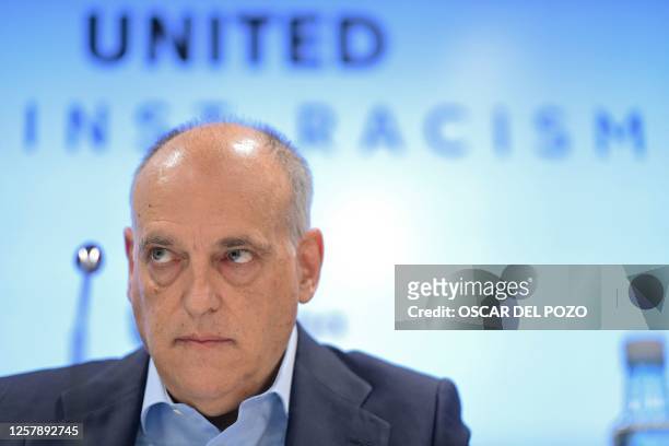 The president of the Spanish football league 'La Liga' Javier Tebas looks on as he gives a press conference in Madrid on May 25, 2023 amid an...