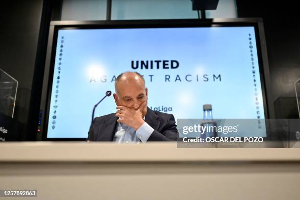 The president of the Spanish football league 'La Liga' Javier Tebas gestures as he gives a press conference in Madrid on May 25, 2023 amid an...