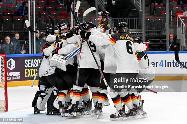 Germany celebrate the victory during the 2023 IIHF Ice Hockey World Championship Finland - Latvia game between Switzerland and Germany at Arena Riga...