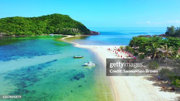 aerial view of tropical island of koh pha ngan in thailand on sunny day - ko phangan stock pictures, royalty-free photos & images