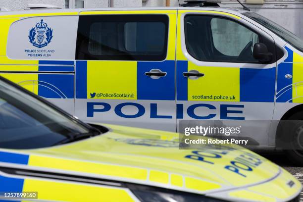 General view of Police vehicles outside Cowdenbeath Police Station, on May 25, 2023 in Cowdenbeath, Scotland. Earlier today, Scotland Police's...