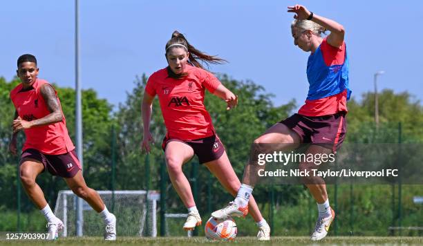 Carla Humphrey and Rhiannon Roberts of Liverpool FC Women during a training session at Solar Campus on May 25, 2023 in Wallasey, England.