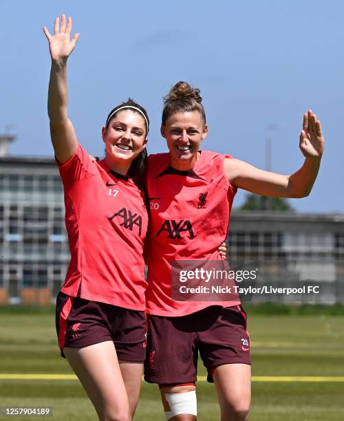 Carla Humphrey and Yana Daniels of Liverpool FC Women during a training session at Solar Campus on May 25, 2023 in Wallasey, England.