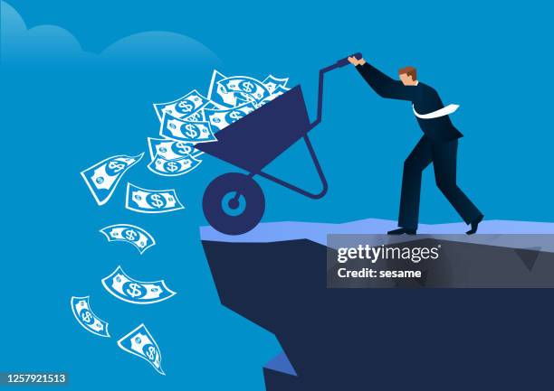 stockillustraties, clipart, cartoons en iconen met de zakenman gebruikt een kruiwagen om stapels geldbankbiljetten in de klip te gieten - money in wheelbarrow