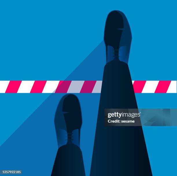 ilustrações de stock, clip art, desenhos animados e ícones de the businessman’s foot crosses the cordon restricted area to lift the restriction and isolation - boundaries