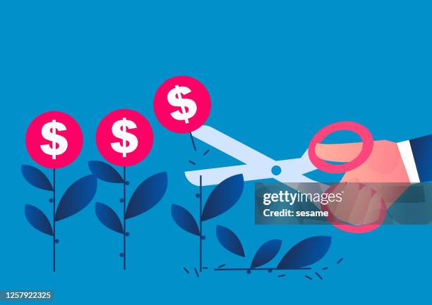 hand holding scissors cuts the cultivated money seedlings, conceptual illustration of economic recession, reduction of global trade orders - lowering stock illustrations