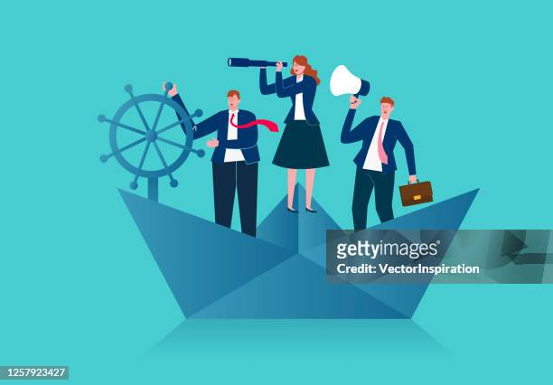 business team standing on a paper boat sailing in the ocean and looking for business opportunities, business team and leadership concept illustration - team captain stock illustrations