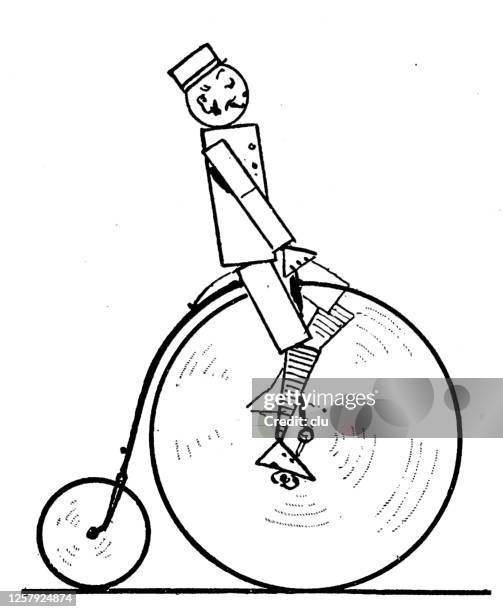penny farthing bicyclist rolling, stick figure - learning german stock illustrations