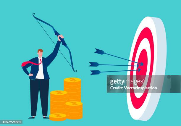 incentive system, complete project goals and reward bonuses, businessmen hit the bullseye and get monetary reward - archery bow stock illustrations