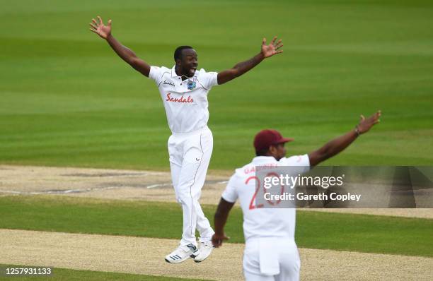 Kemar Roach of West Indies successfully appeals for the wicket of Dominic Sibley of England during Day One of the Ruth Strauss Foundation Test, the...