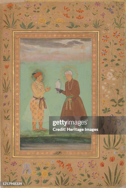 Jahangir and his Father, Akbar, Folio from the Shah Jahan Album, verso:circa 1630; recto: ca.1540-50. Artist Balchand.