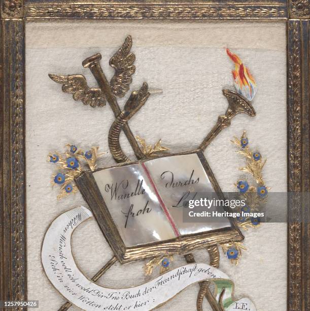 Gold-framed collage, mother-of-pearl book, gold serpent, staff, and torch; gouache, metallic paint, metallic foil, embossed and punched paper, and...