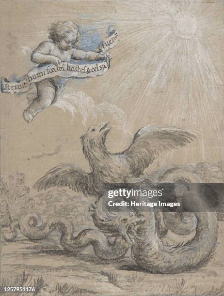 Design with an Eagle Fighting with a Serpent and a Putto in the Sky Holding an Inscribed Banner, 17th century. Artist Pietro da Cortona.