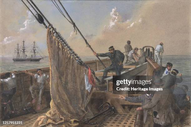 Forward Deck of the Great Eastern Cleared for the First Attempt to Grapple for the Lost Cable, August 11th 1865-66. Artist Robert Charles Dudley.