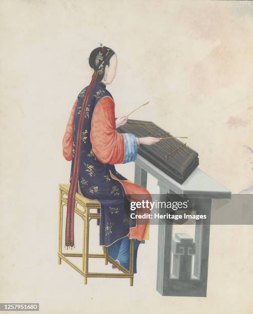 Watercolour of musician playing yangqin, late 18th century. Artist Unknown.