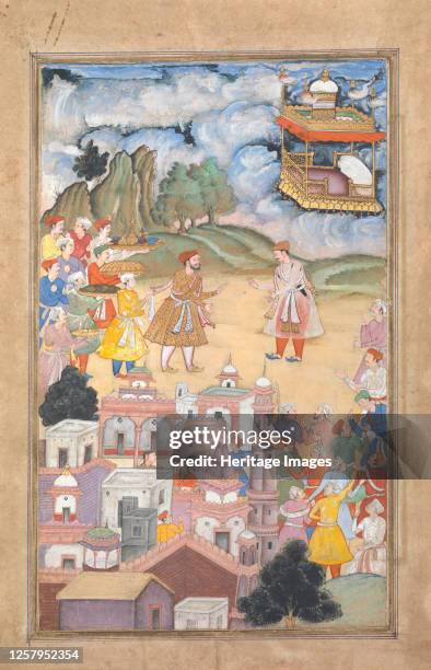 King Sal Visits Kala Yavana, Folio from a Harivamsa , circa 1590-95. Artist Unknown.