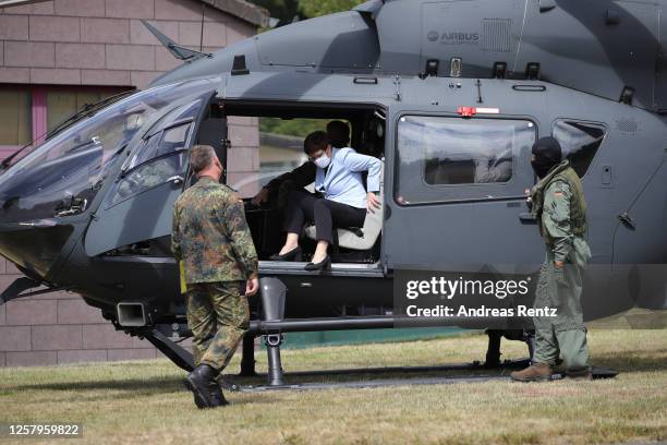 German Defence Minister Annegret Kramp-Karrenbauer arrives in an Airbus Bundeswehr helicopter at the Bundeswehr, the German armed forces, where she...