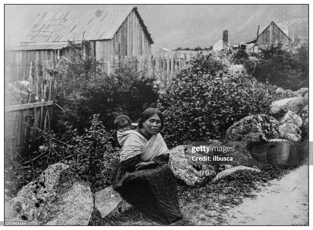 Antique black and white photo: Native woman in Yale, on the Fraser River, British Columbia