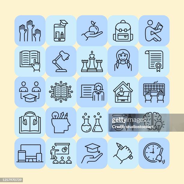 digital learning vector line icons set - conference headphones stock illustrations