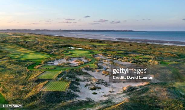 An aerial view of the new short par 3, 5th hole 'Smugglers' Landing' on the Shore nine holes at Prince's Golf Club on July 20, 2020 in Sandwich,...